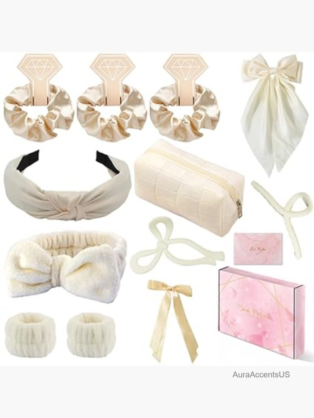 Spa Headband and Wristband Set with Makeup Bag and Hair Accessories